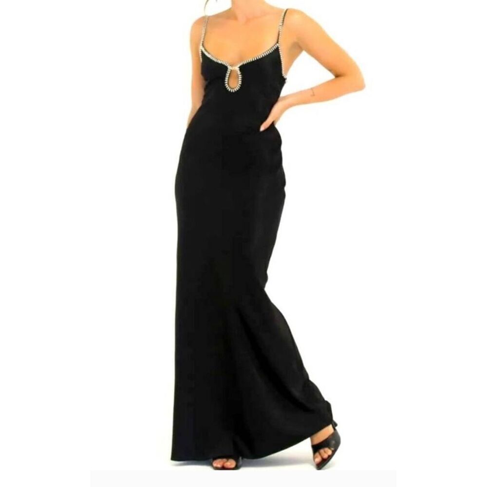 Rumored Diamond Rhinestone Satin Keyhole Slip Maxi Dress Black Cocktail Evening